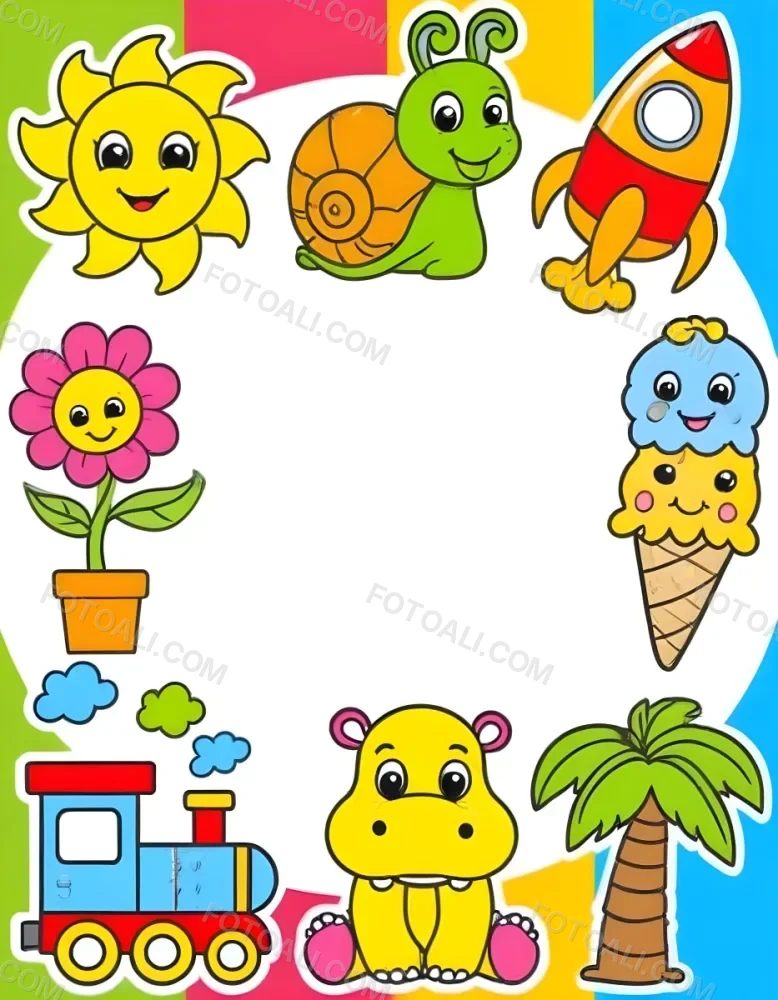 Cartoon Frame With A Sun Snail Rocket Tree Ice Cream Train Hippo And Palm Tree With A White Background 55 Aa60
