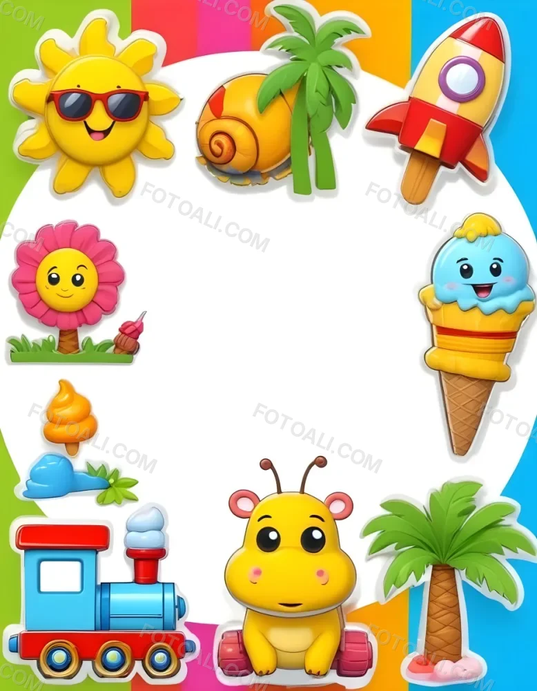 Cartoon Frame With A Sun Snail Rocket Tree Ice Cream Train Hippo And Palm Tree With A White Background 81 C172