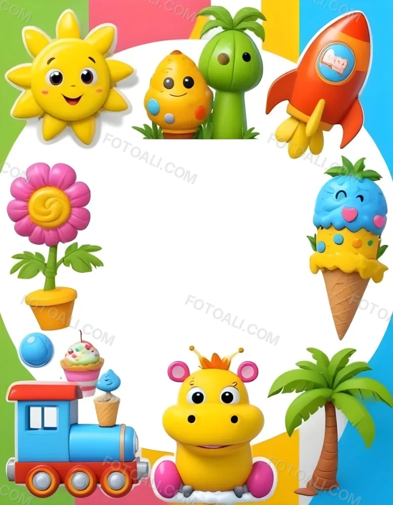 Cartoon Frame With A Sun Snail Rocket Tree Ice Cream Train Hippo And Palm Tree With A White Background 87 6e00