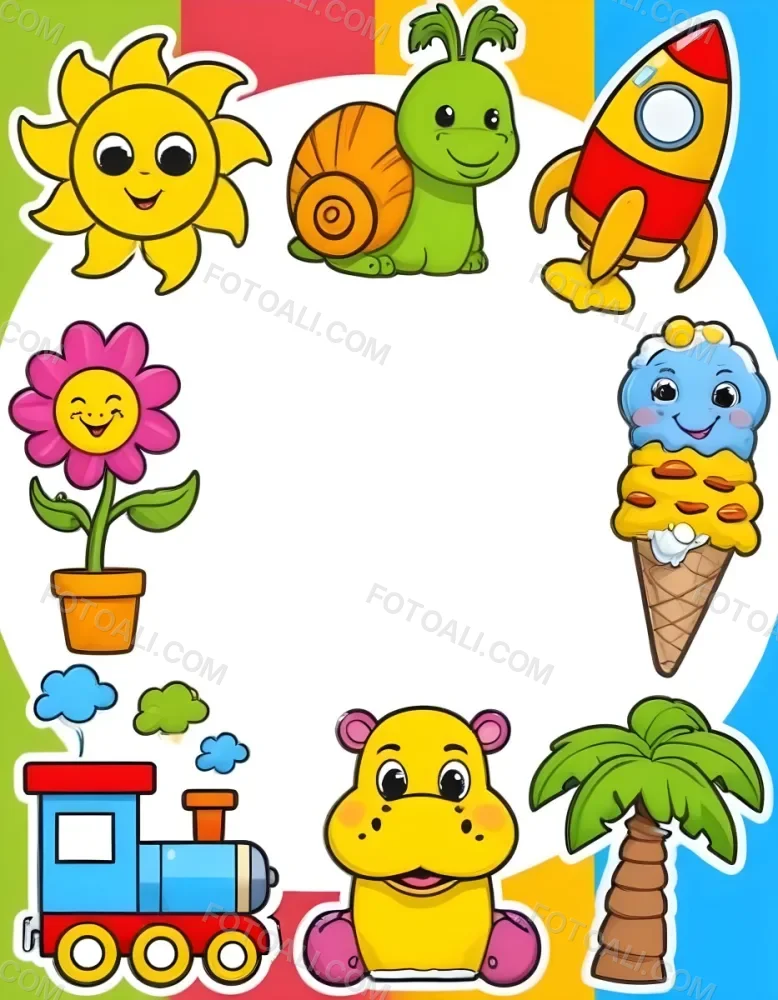 Cartoon Frame With A Sun Snail Rocket Tree Ice Cream Train Hippo And Palm Tree With A White Background 88 6e82
