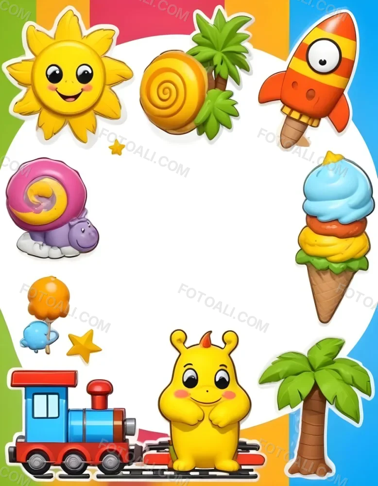 Cartoon Frame With A Sun Snail Rocket Tree Ice Cream Train Hippo And Palm Tree With A White Background 92 4cfc