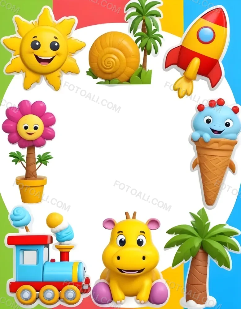 Cartoon Frame With A Sun Snail Rocket Tree Ice Cream Train Hippo And Palm Tree With A White Background 93 8e63