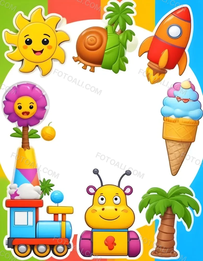Cartoon Frame With A Sun Snail Rocket Tree Ice Cream Train Hippo And Palm Tree With A White Background 95 Fa1b