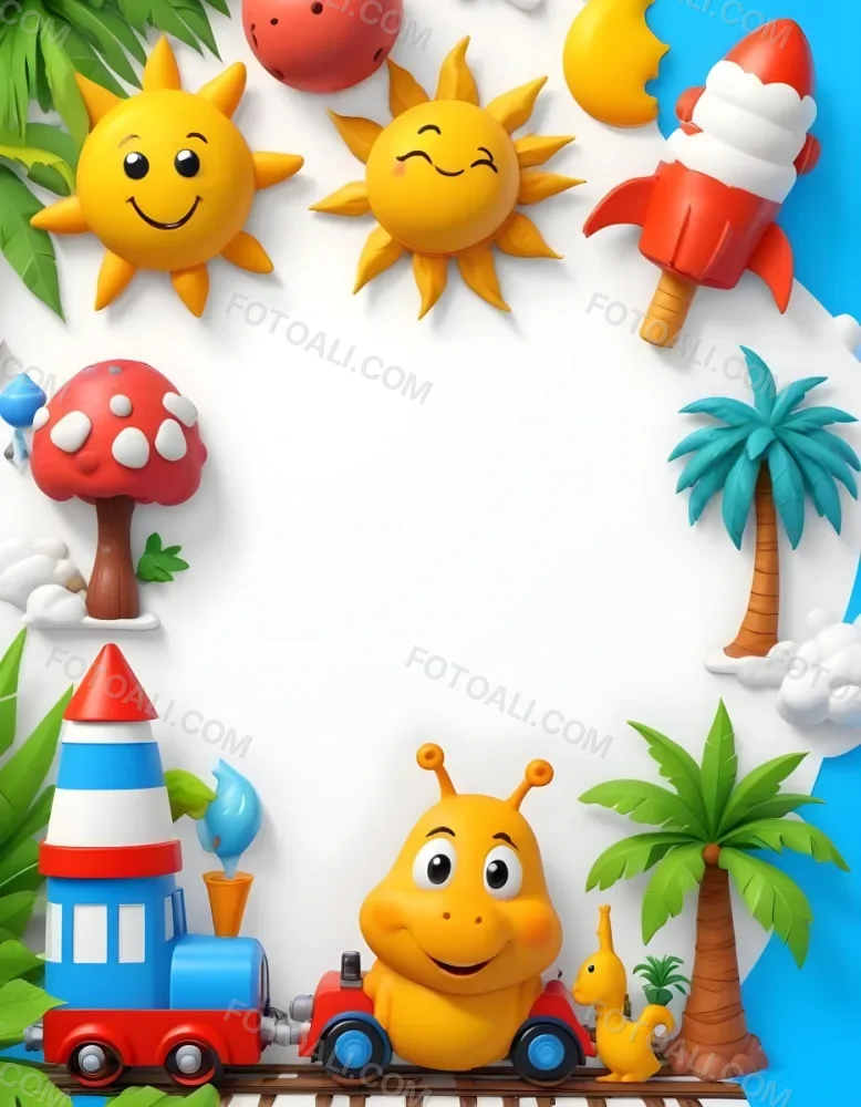 Cartoon Frame With A Sun Snail Rocket Tree Ice Cream Train Hippo And Palm Tree With A White Background 96 C29f
