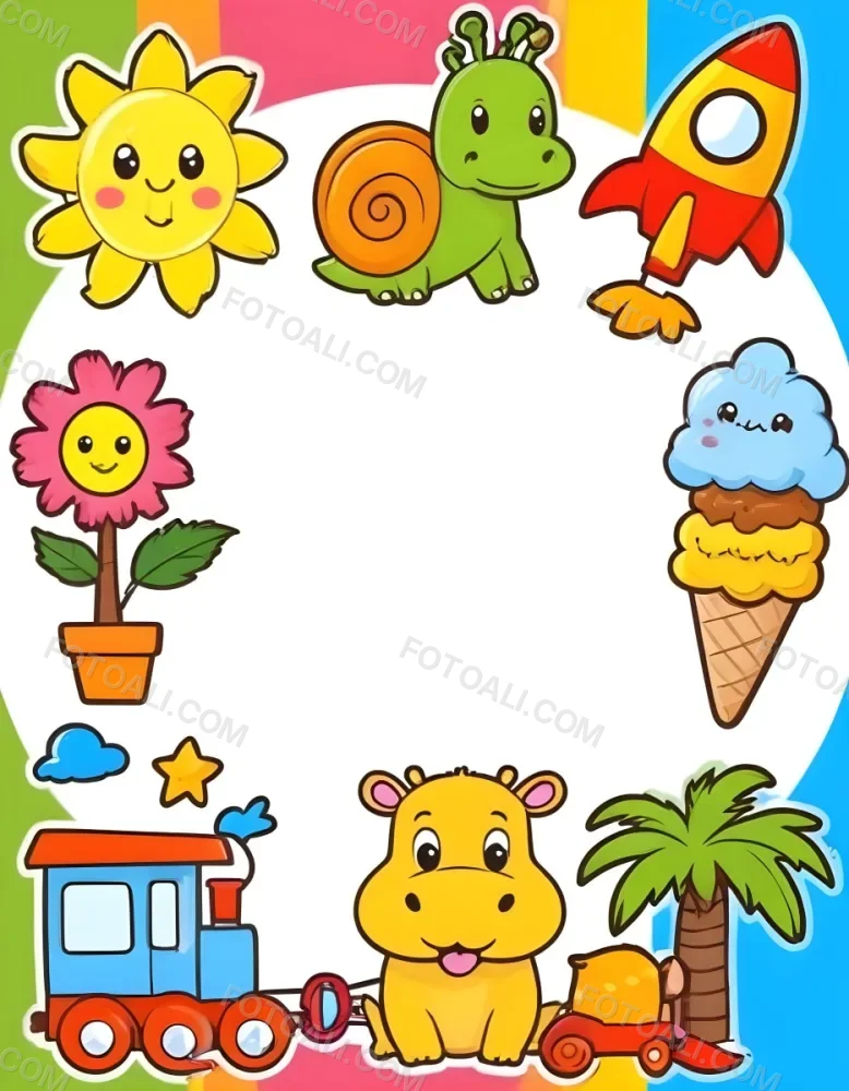 Cartoon Frame With A Sun Snail Rocket Tree Ice Cream Train Hippo And Palm Tree With A White Background 97 57f9