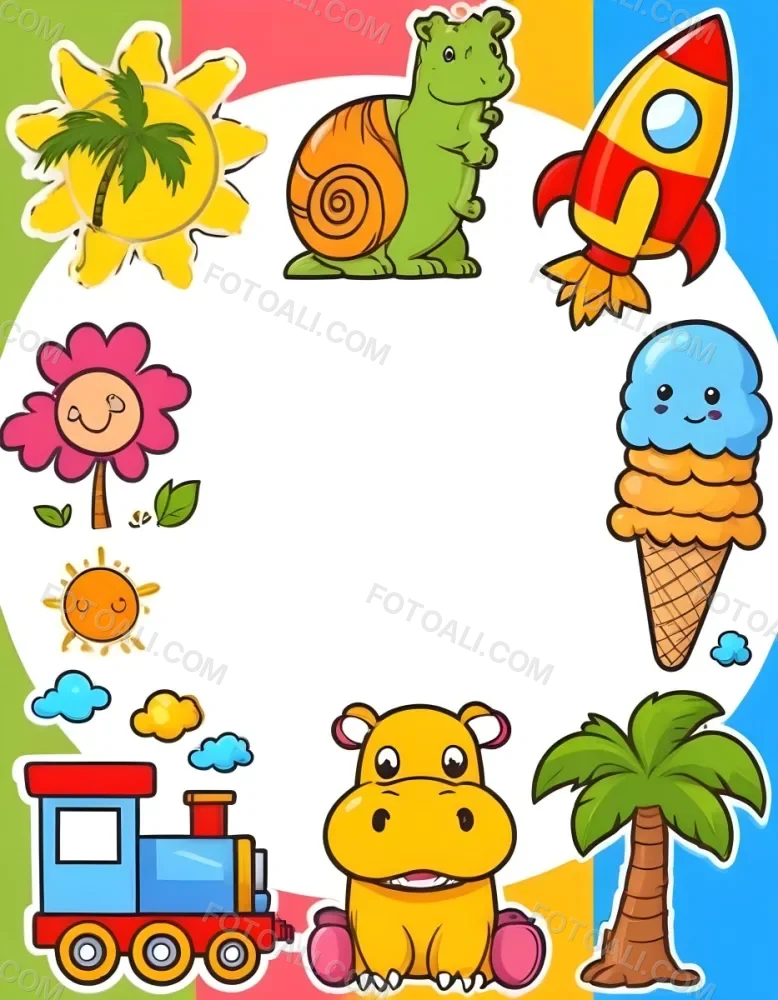 Cartoon Frame With A Sun Snail Rocket Tree Ice Cream Train Hippo And Palm Tree With A White Background 99 F63a