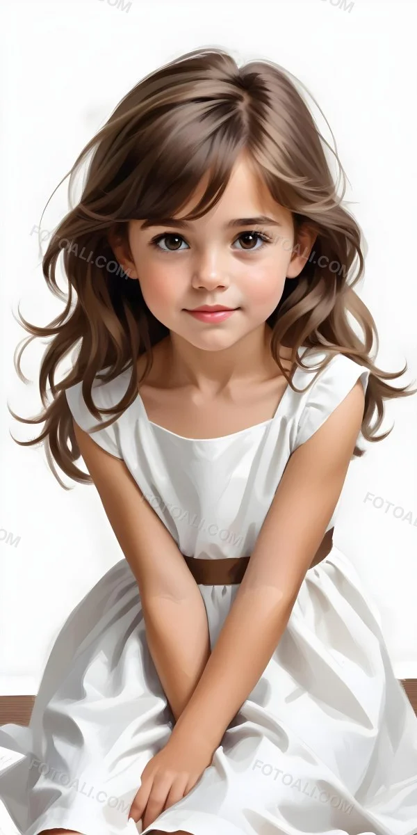 Caucasian Girl Age 7 With Brown Hair And Brown Eyes Wearing A White Dress Sitting In A White Background 1 89cd
