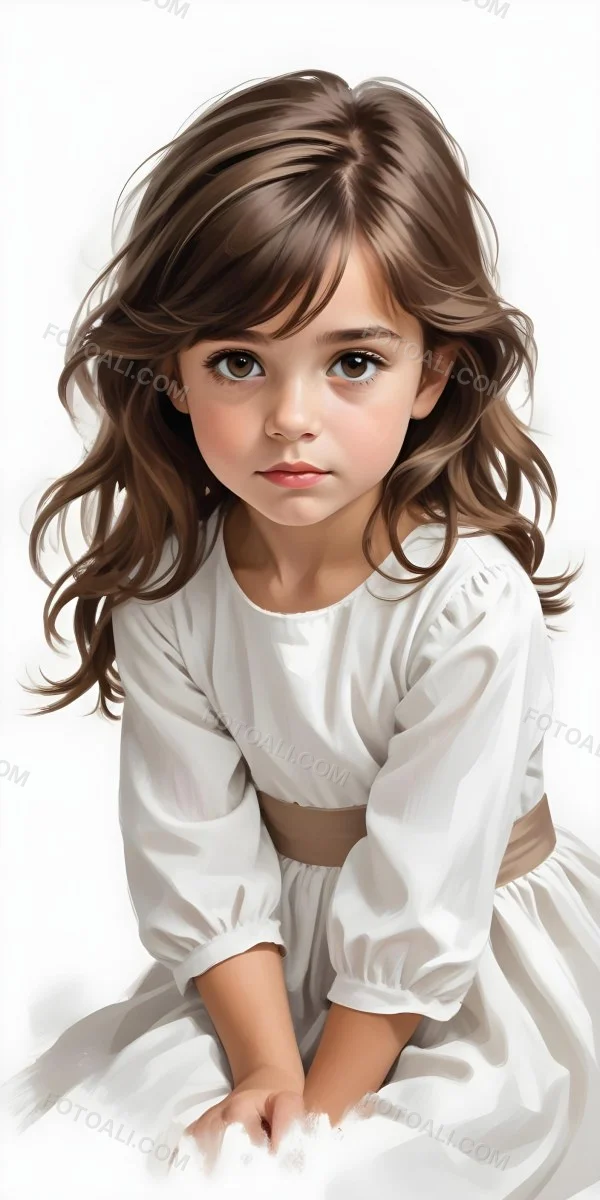 Caucasian Girl Age 7 With Brown Hair And Brown Eyes Wearing A White Dress Sitting In A White Background 21 E10a