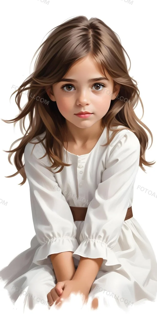 Caucasian Girl Age 7 With Brown Hair And Brown Eyes Wearing A White Dress Sitting In A White Background 22 Bcd5