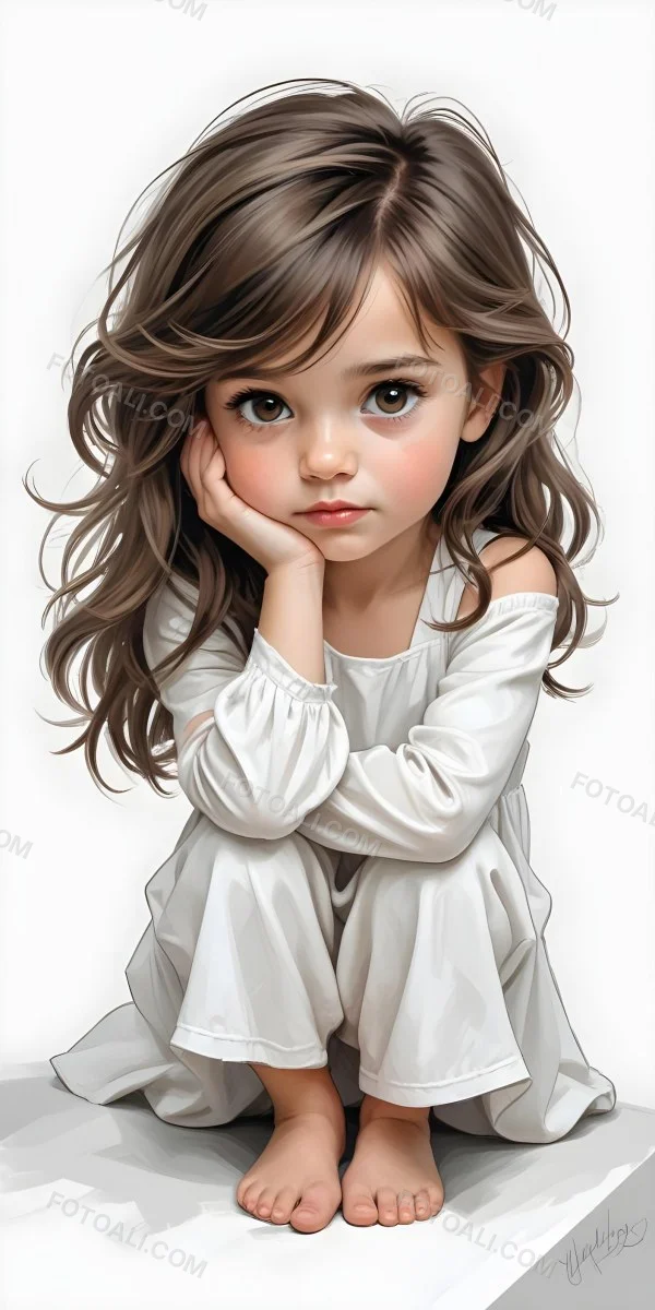 Caucasian Girl Age 7 With Brown Hair And Brown Eyes Wearing A White Dress Sitting In A White Background 26 D169