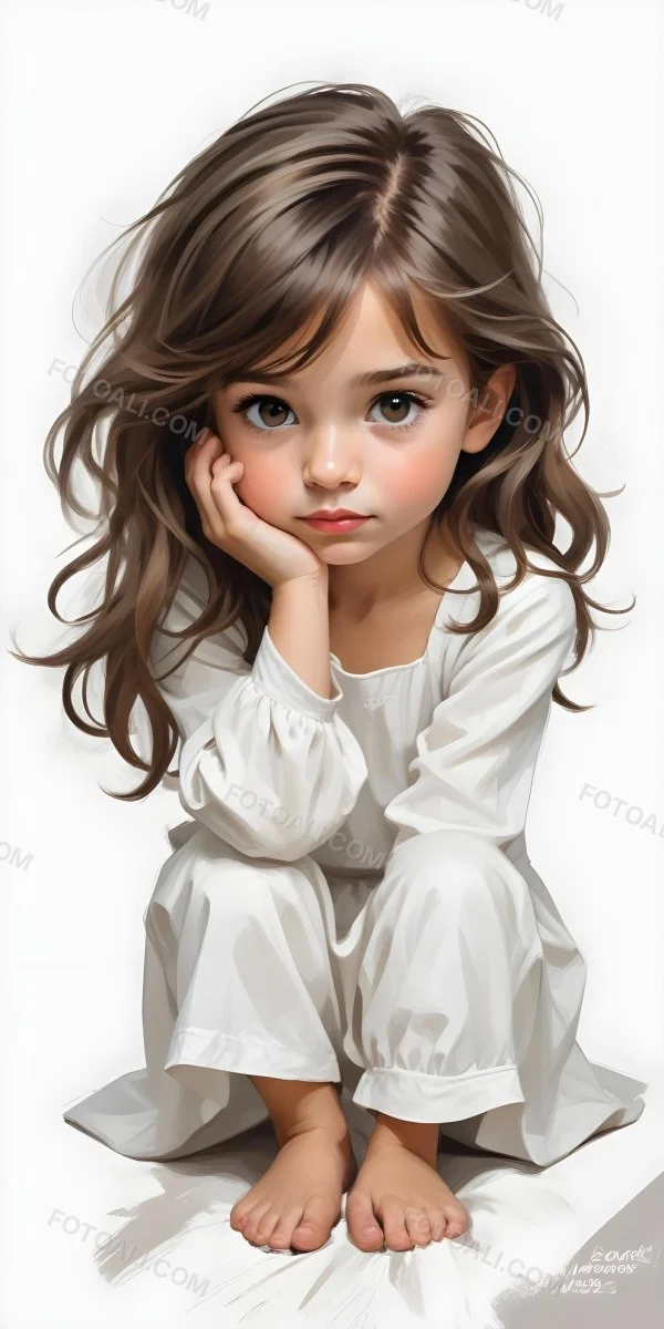 Caucasian Girl Age 7 With Brown Hair And Brown Eyes Wearing A White Dress Sitting In A White Background 28 0403