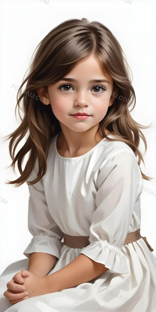 Caucasian Girl Age 7 With Brown Hair And Brown Eyes Wearing A White Dress Sitting In A White Background 3 2cc3