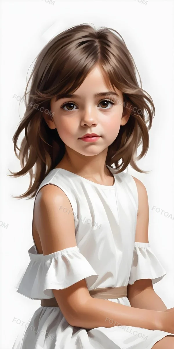 Caucasian Girl Age 7 With Brown Hair And Brown Eyes Wearing A White Dress Sitting In A White Background 30 E2f5