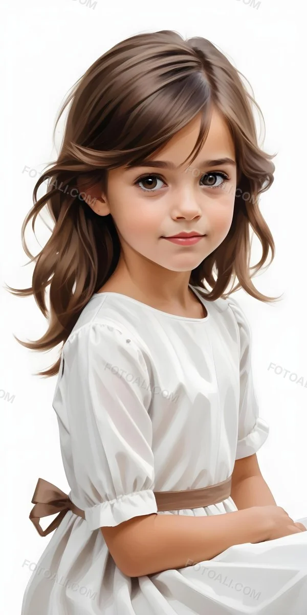 Caucasian Girl Age 7 With Brown Hair And Brown Eyes Wearing A White Dress Sitting In A White Background 4 8e2e