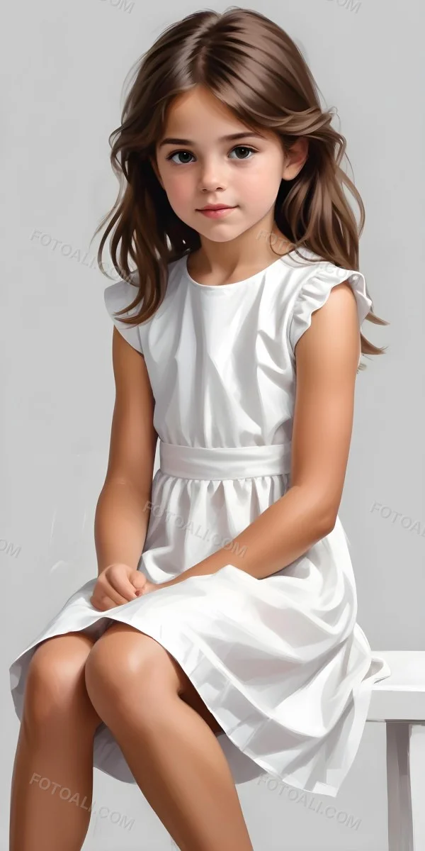 Caucasian Girl Age 7 With Brown Hair And Brown Eyes Wearing A White Dress Sitting In A White Background 5 588b