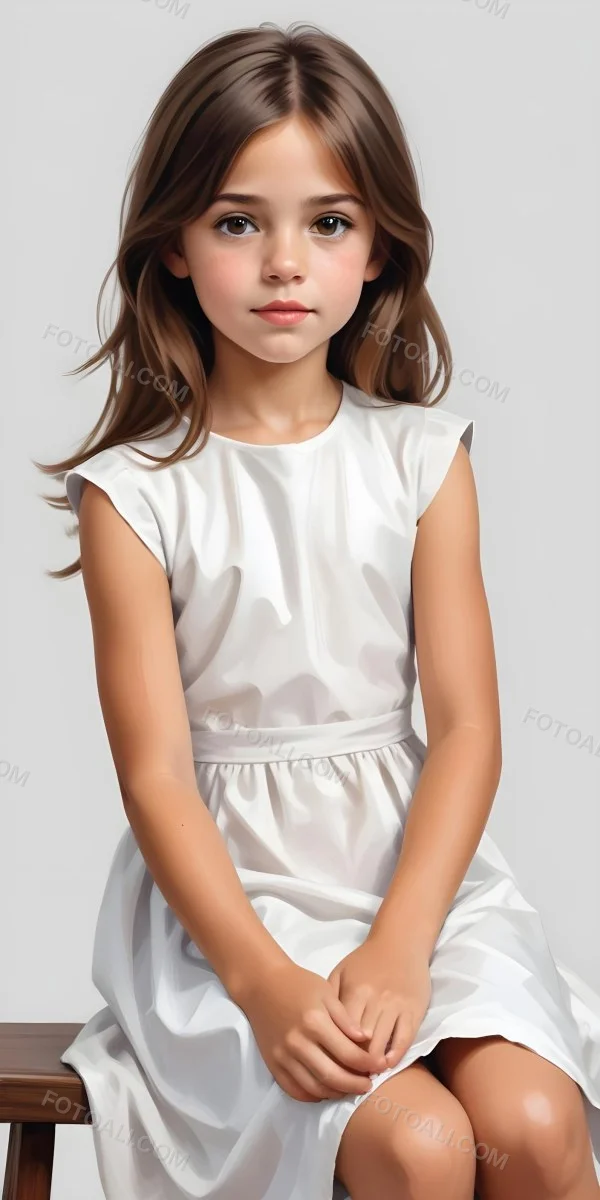 Caucasian Girl Age 7 With Brown Hair And Brown Eyes Wearing A White Dress Sitting In A White Background 6 C9cc