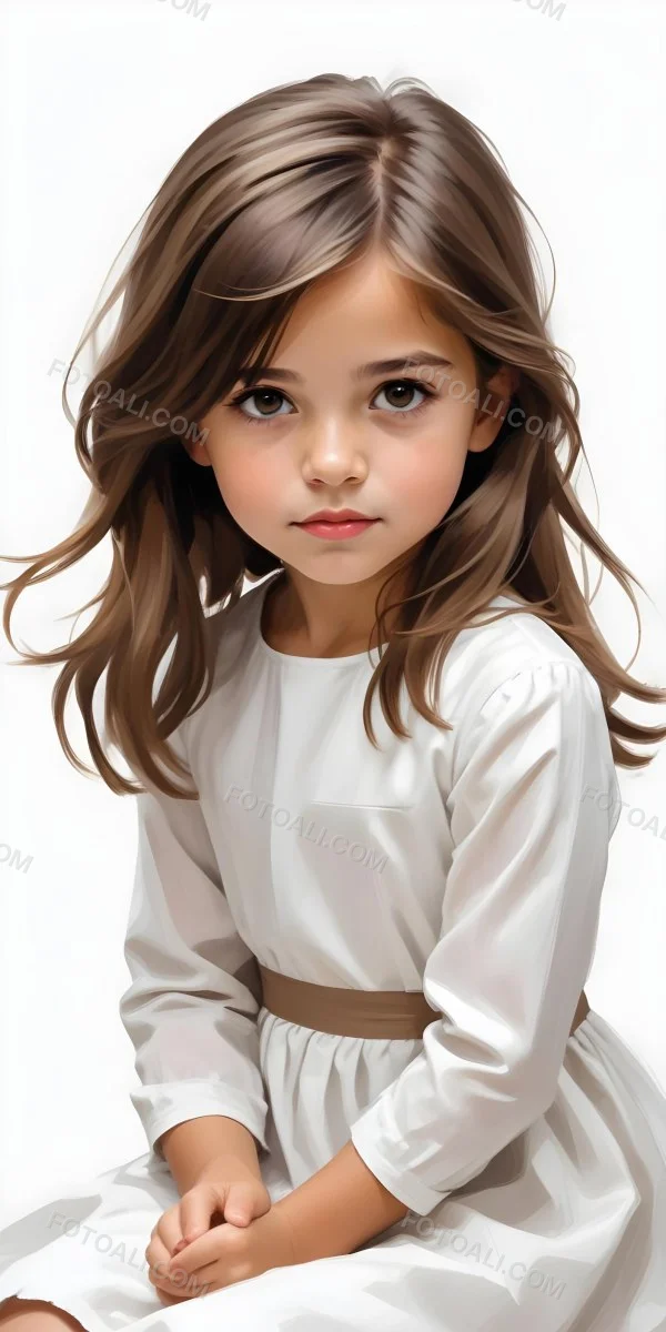 Caucasian Girl Age 7 With Brown Hair And Brown Eyes Wearing A White Dress Sitting In A White Background 7 99ca