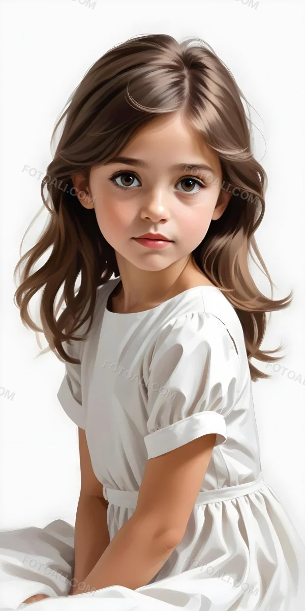 Caucasian Girl Age 7 With Brown Hair And Brown Eyes Wearing A White Dress Sitting In A White Background 8 97b1