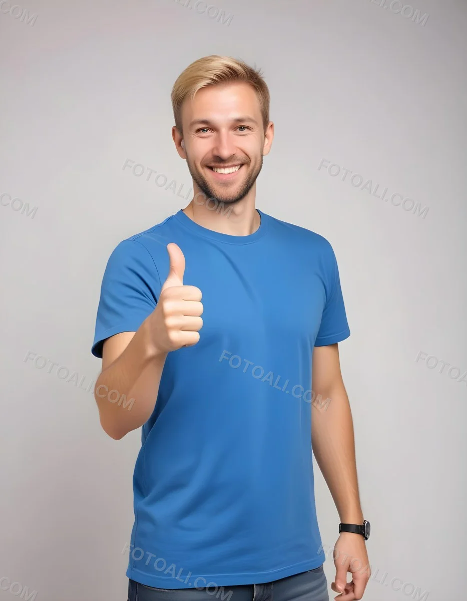 Caucasian Man 30 Years Old Blonde Hair Blue T Shirt Doing A Thumbs Up Gesture Isolated On White Background 1 487b