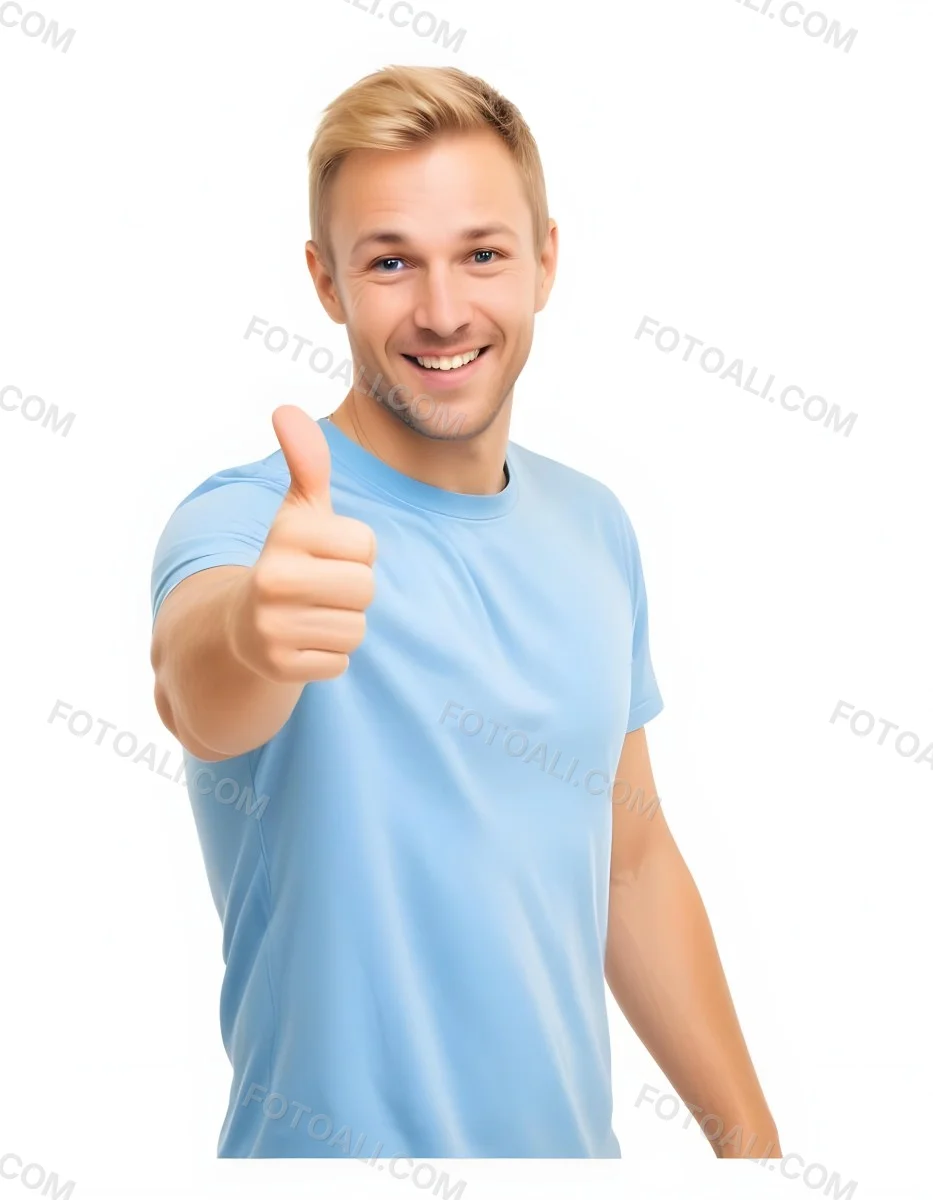 Caucasian Man 30 Years Old Blonde Hair Blue T Shirt Doing A Thumbs Up Gesture Isolated On White Background 2 6729
