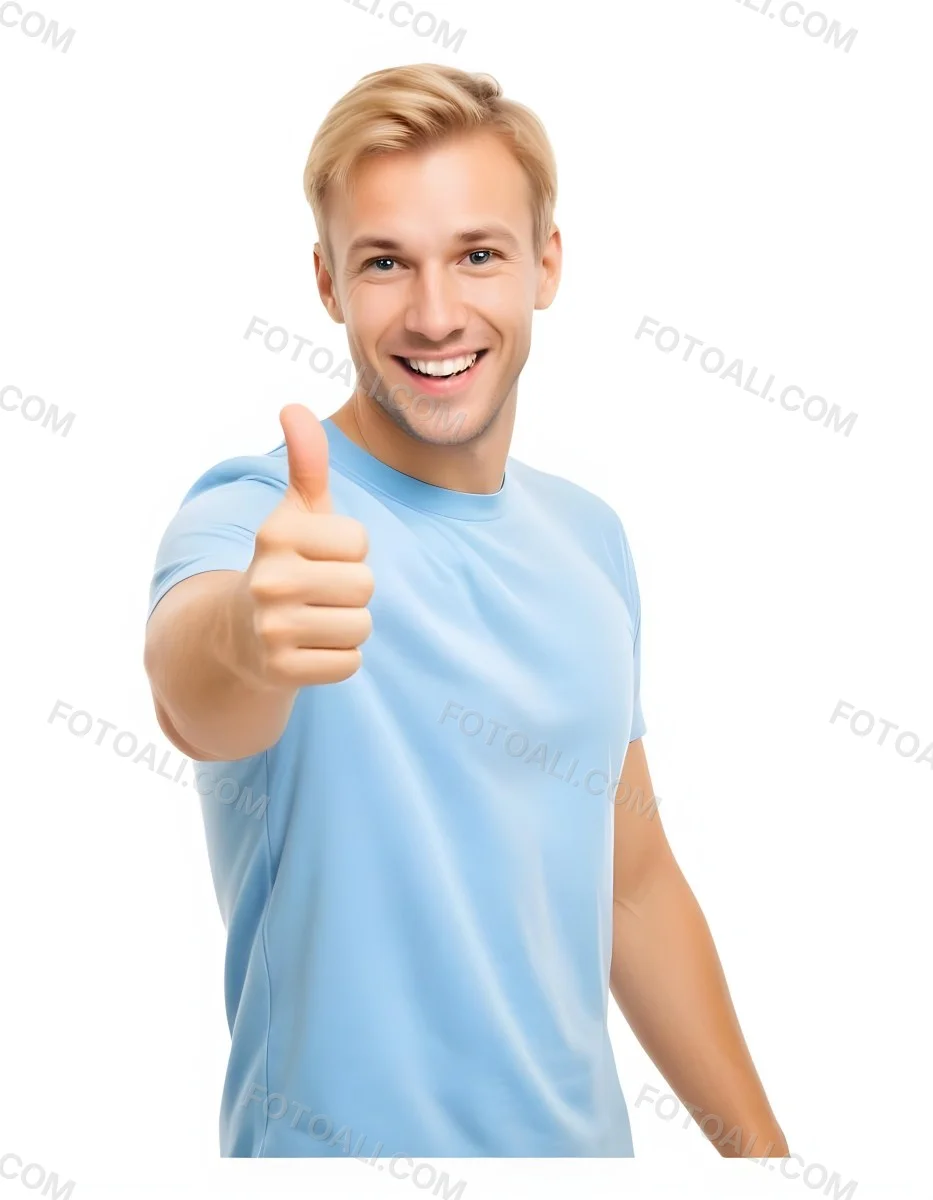 Caucasian Man 30 Years Old Blonde Hair Blue T Shirt Doing A Thumbs Up Gesture Isolated On White Background 3 F7e2