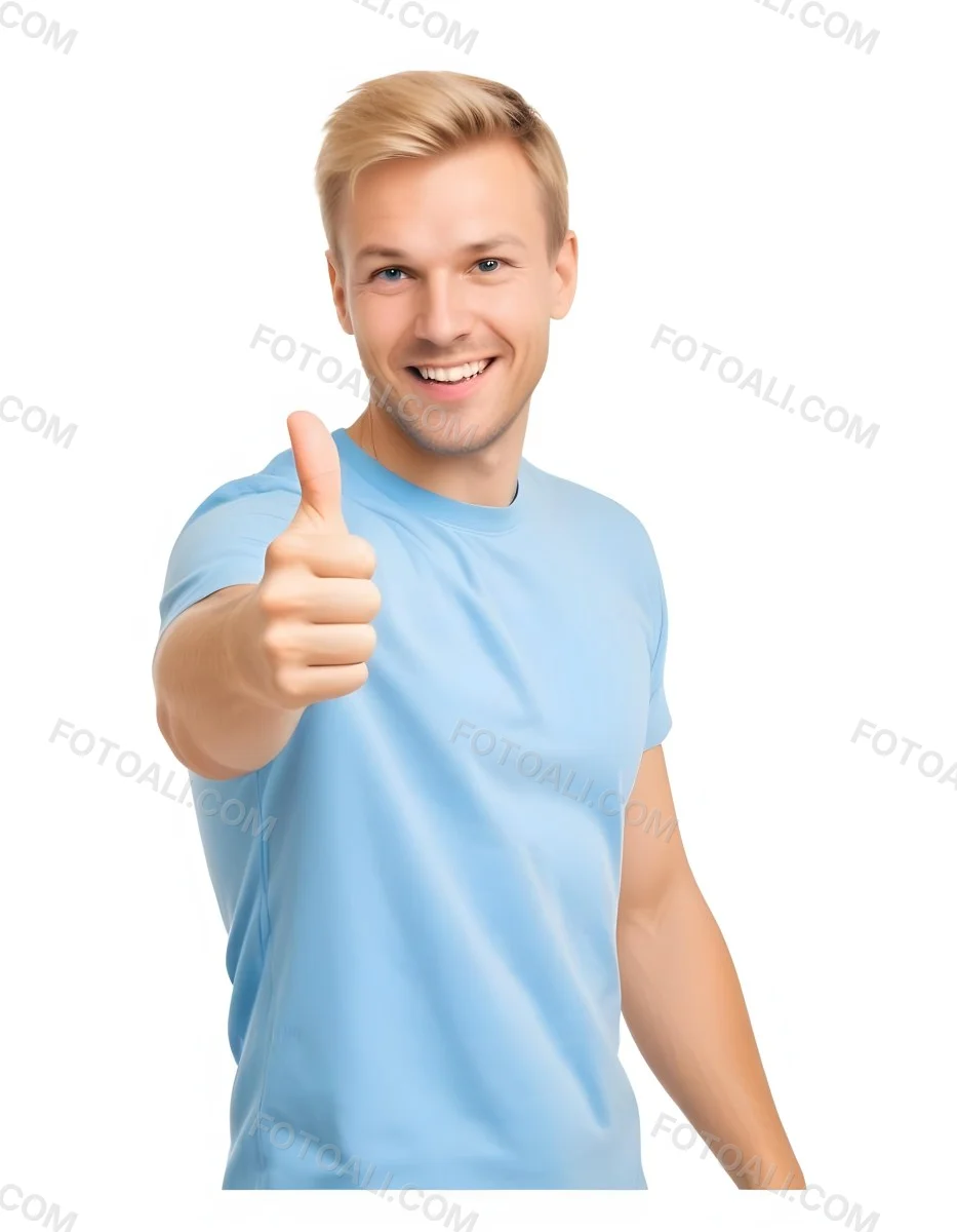 Caucasian Man 30 Years Old Blonde Hair Blue T Shirt Doing A Thumbs Up Gesture Isolated On White Background 4 1e01
