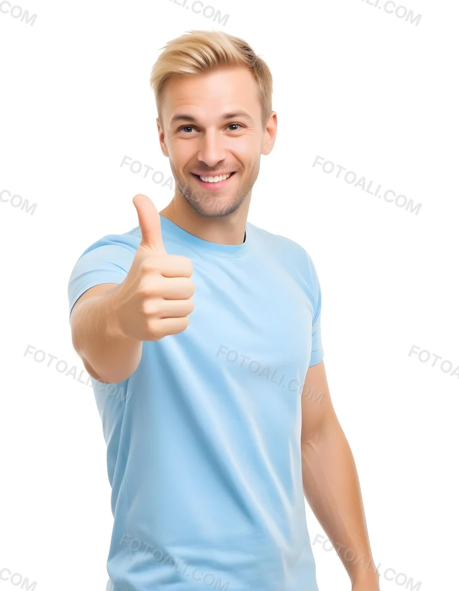 Caucasian Man 30 Years Old Blonde Hair Blue T Shirt Doing A Thumbs Up Gesture Isolated On White Background 5 5c8d