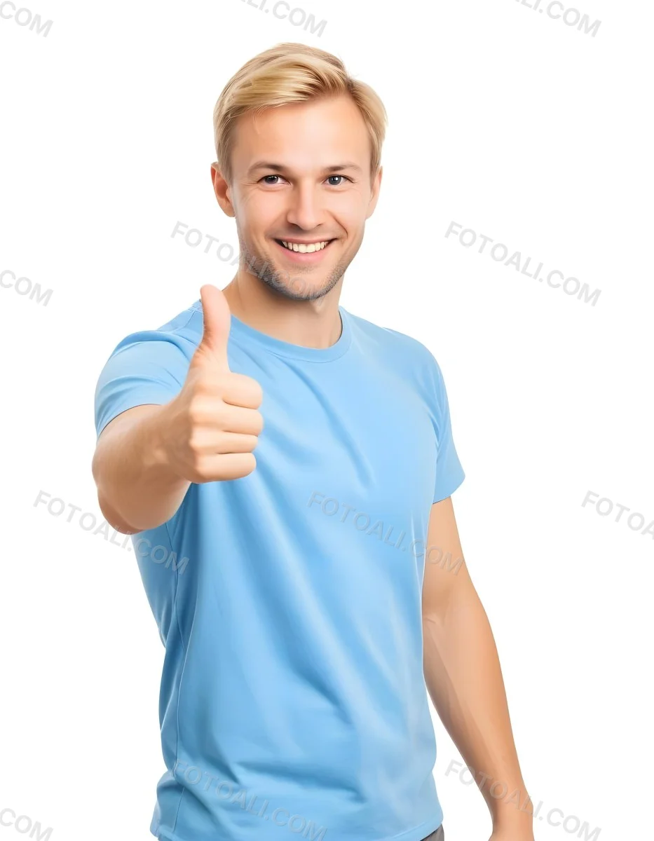 Caucasian Man 30 Years Old Blonde Hair Blue T Shirt Doing A Thumbs Up Gesture Isolated On White Background 5 6d47
