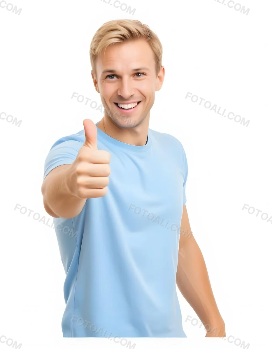 Caucasian Man 30 Years Old Blonde Hair Blue T Shirt Doing A Thumbs Up Gesture Isolated On White Background 6 0289