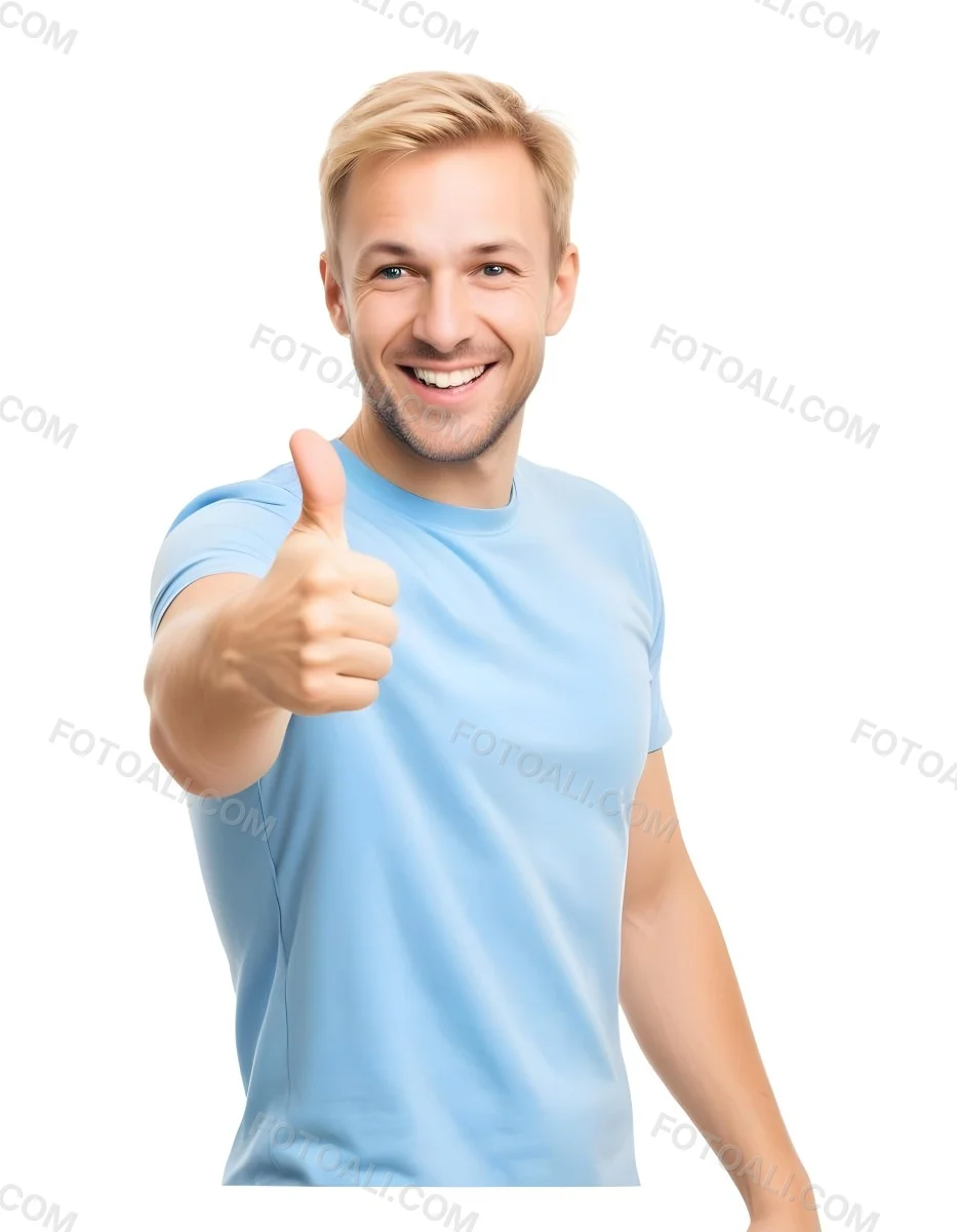 Caucasian Man 30 Years Old Blonde Hair Blue T Shirt Doing A Thumbs Up Gesture Isolated On White Background 7 77a6