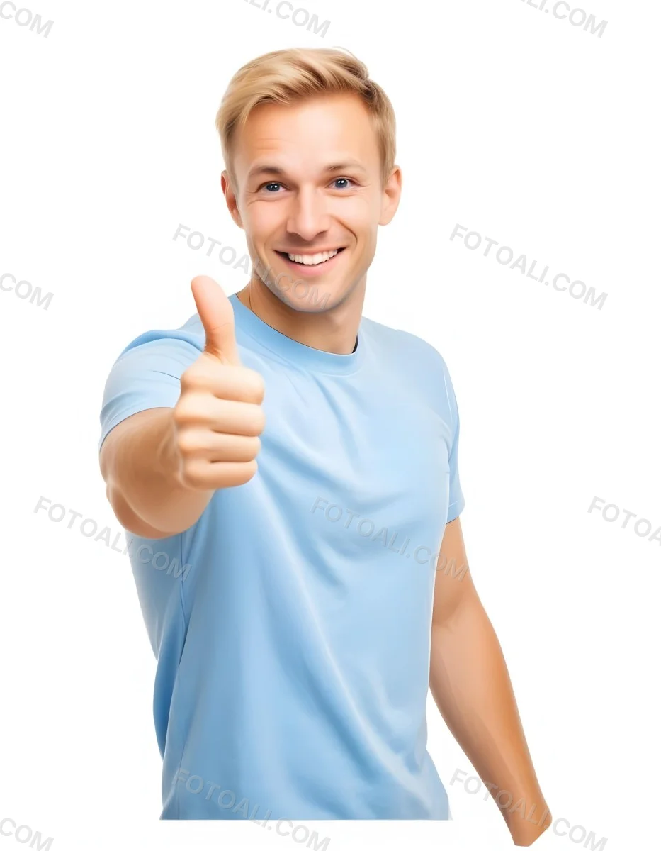 Caucasian Man 30 Years Old Blonde Hair Blue T Shirt Doing A Thumbs Up Gesture Isolated On White Background 7 E245