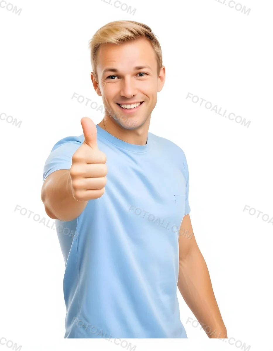 Caucasian Man 30 Years Old Blonde Hair Blue T Shirt Doing A Thumbs Up Gesture Isolated On White Background 8 028a