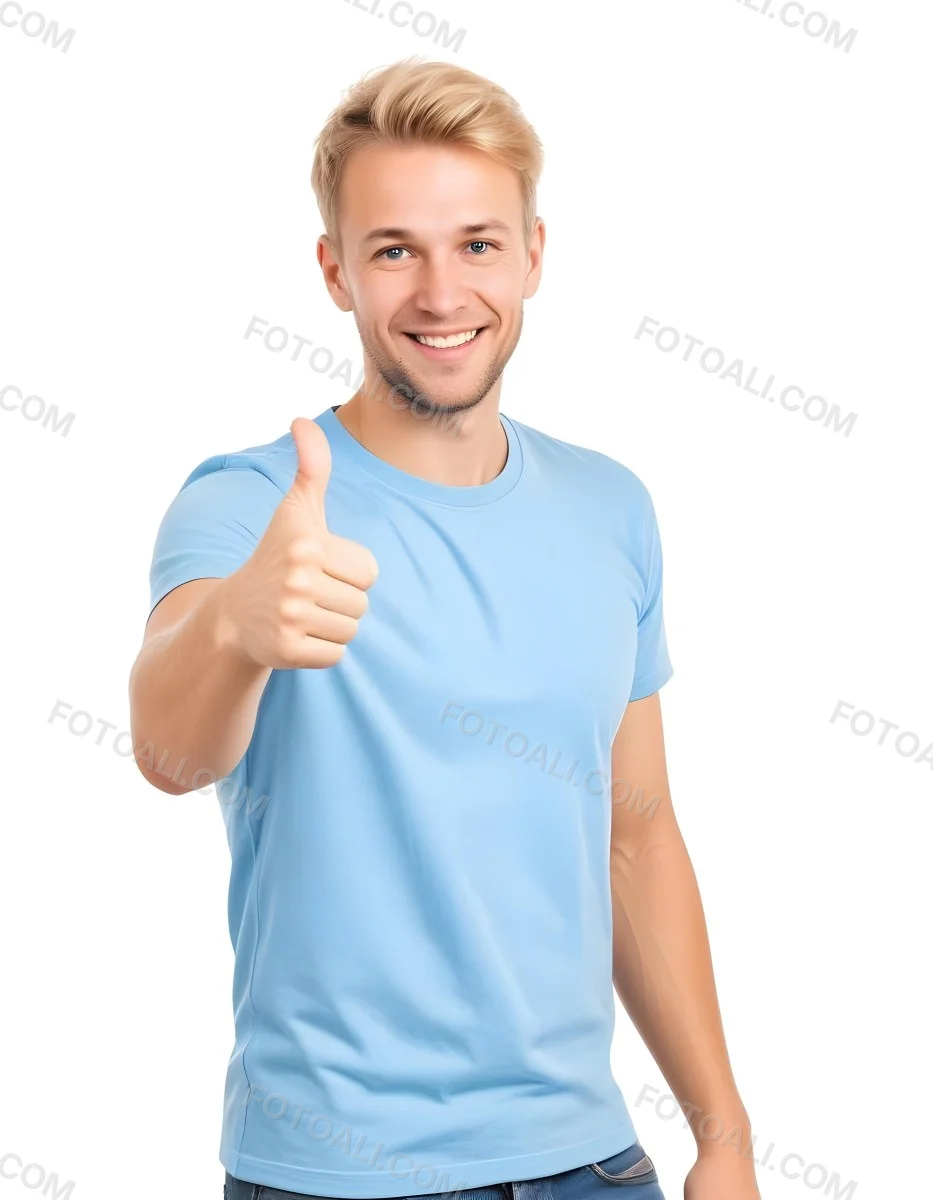 Caucasian Man 30 Years Old Blonde Hair Blue T Shirt Doing A Thumbs Up Gesture Isolated On White Background 8 A2ee
