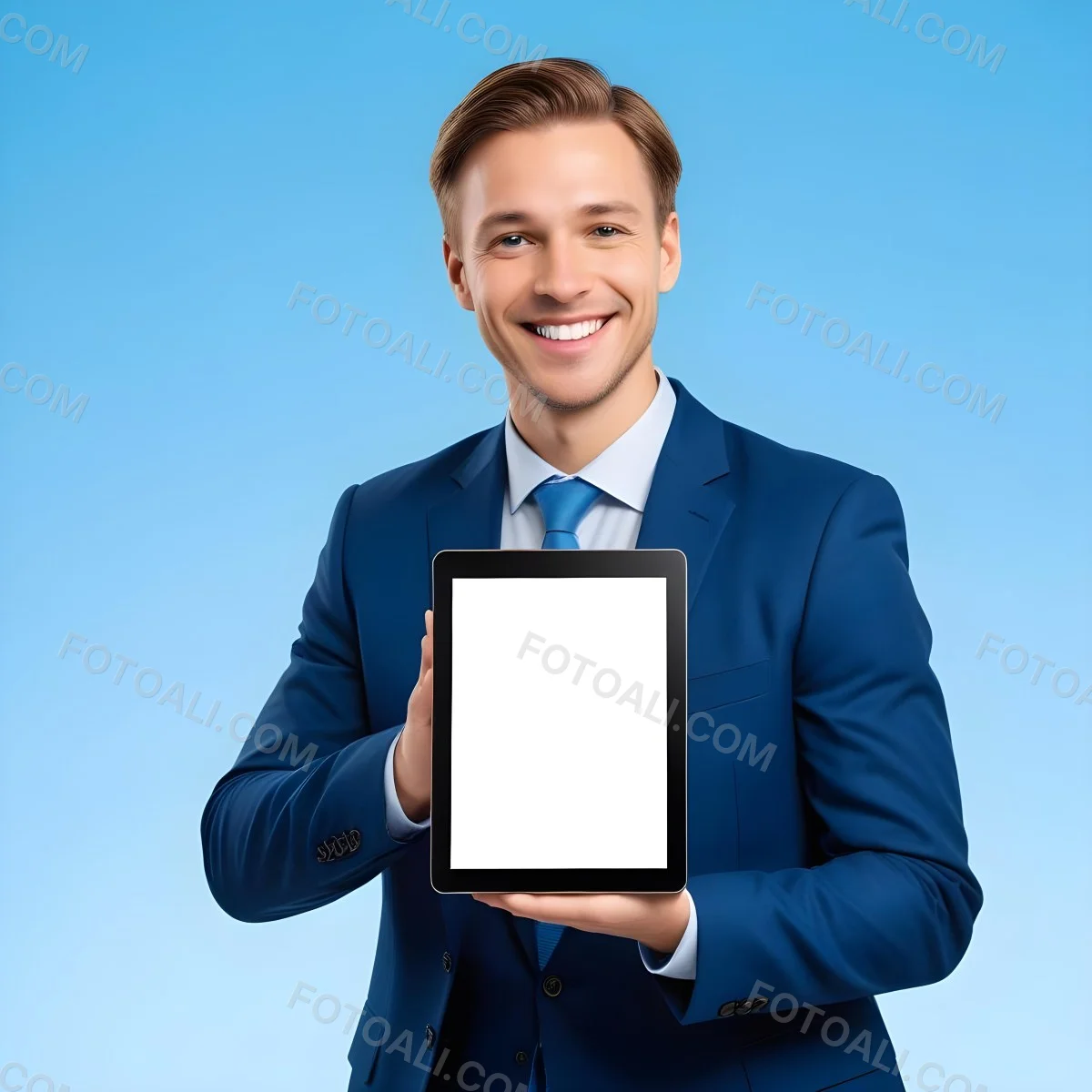 Caucasian Man In His 30s With Light Brown Hair Wearing A Blue Suit And Tie Smiling While Holding A Blank Tablet In Front Of Him Against A Light Blue Background 1 D423