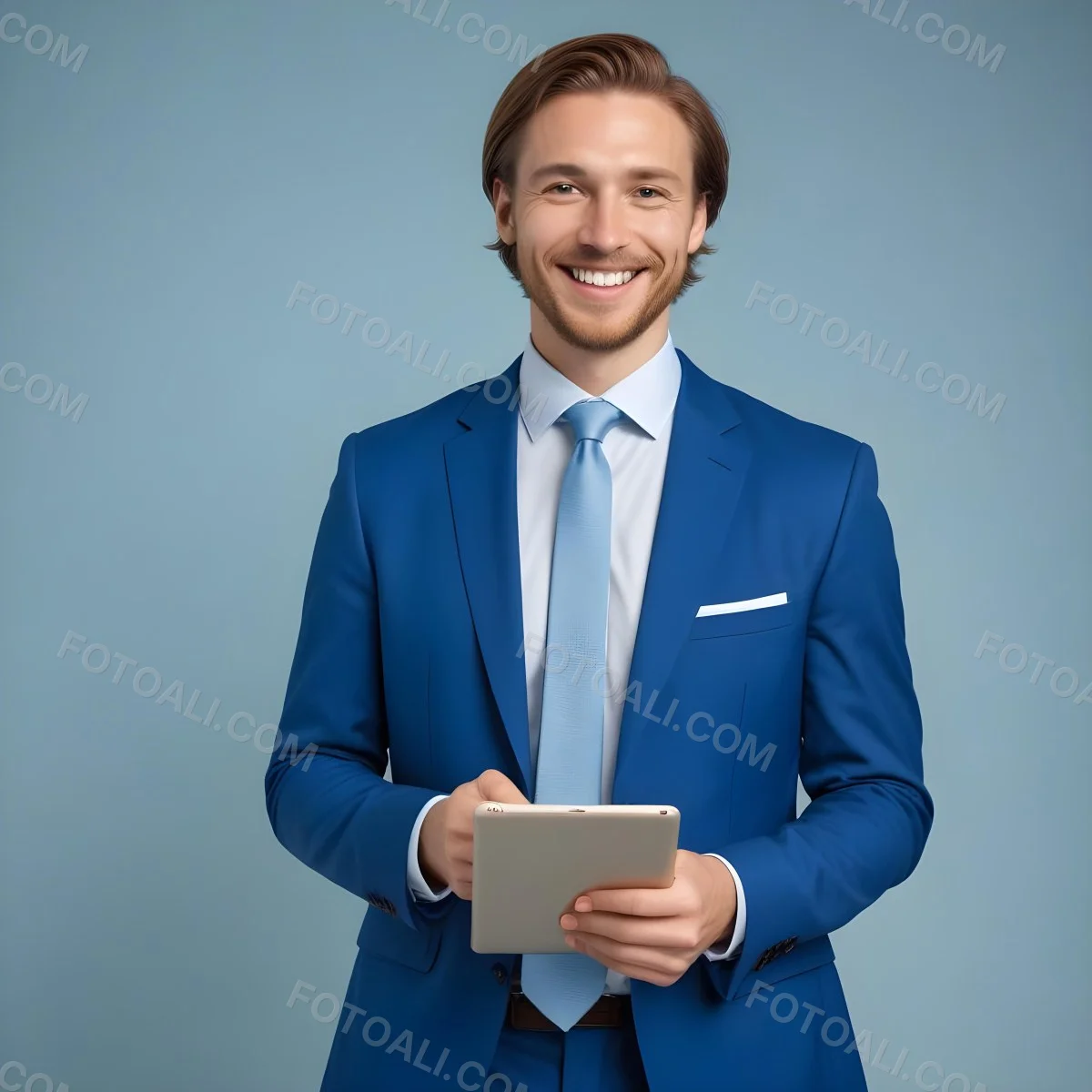 Caucasian Man In His 30s With Light Brown Hair Wearing A Blue Suit And Tie Smiling While Holding A Blank Tablet In Front Of Him Against A Light Blue Background 2 A558