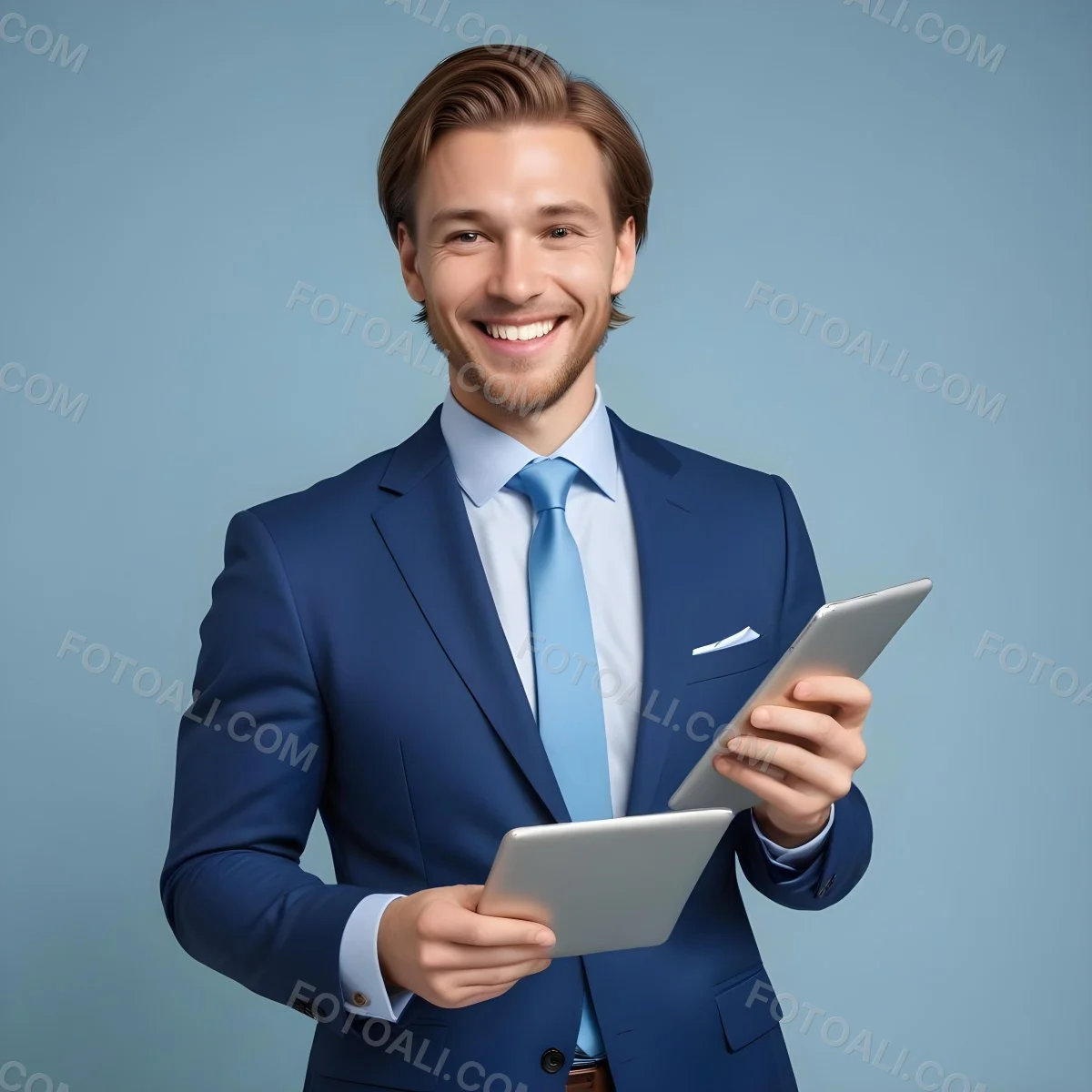 Caucasian Man In His 30s With Light Brown Hair Wearing A Blue Suit And Tie Smiling While Holding A Blank Tablet In Front Of Him Against A Light Blue Background 3 F425