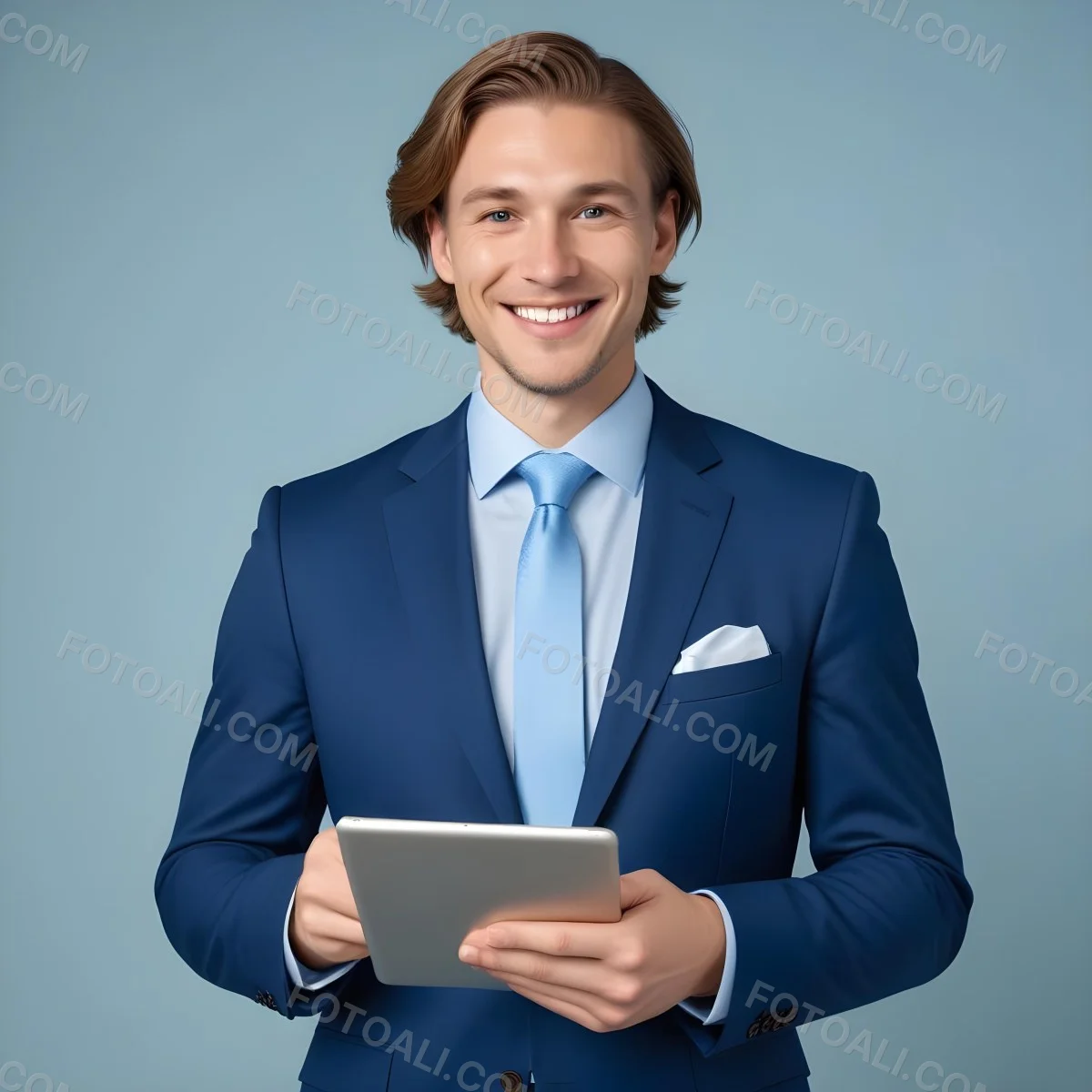 Caucasian Man In His 30s With Light Brown Hair Wearing A Blue Suit And Tie Smiling While Holding A Blank Tablet In Front Of Him Against A Light Blue Background 7 B2c2