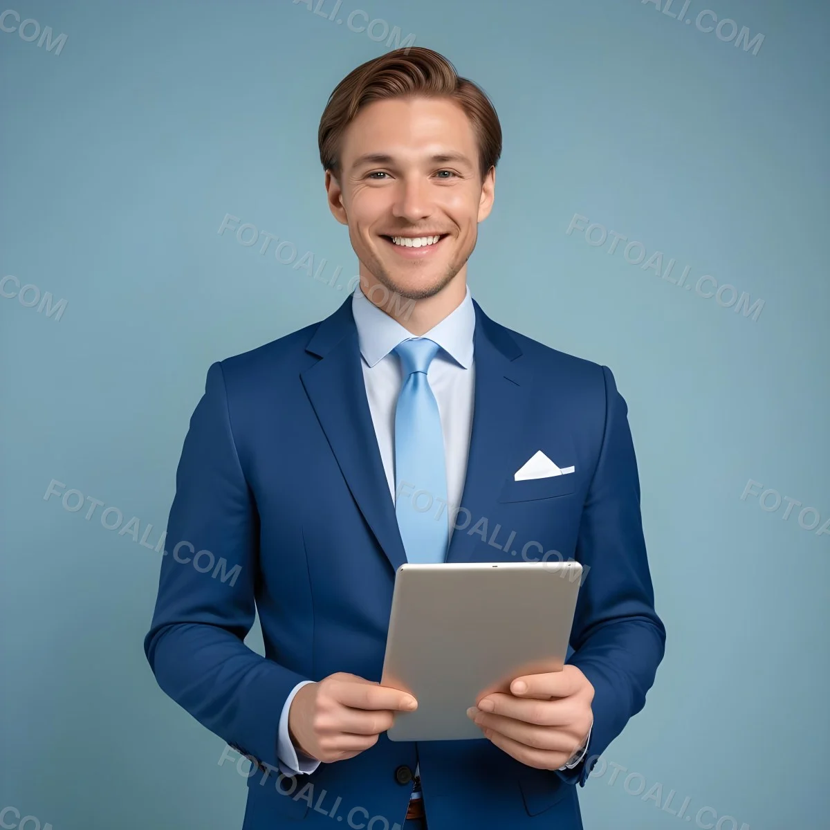 Caucasian Man In His 30s With Light Brown Hair Wearing A Blue Suit And Tie Smiling While Holding A Blank Tablet In Front Of Him Against A Light Blue Background 8 1df1