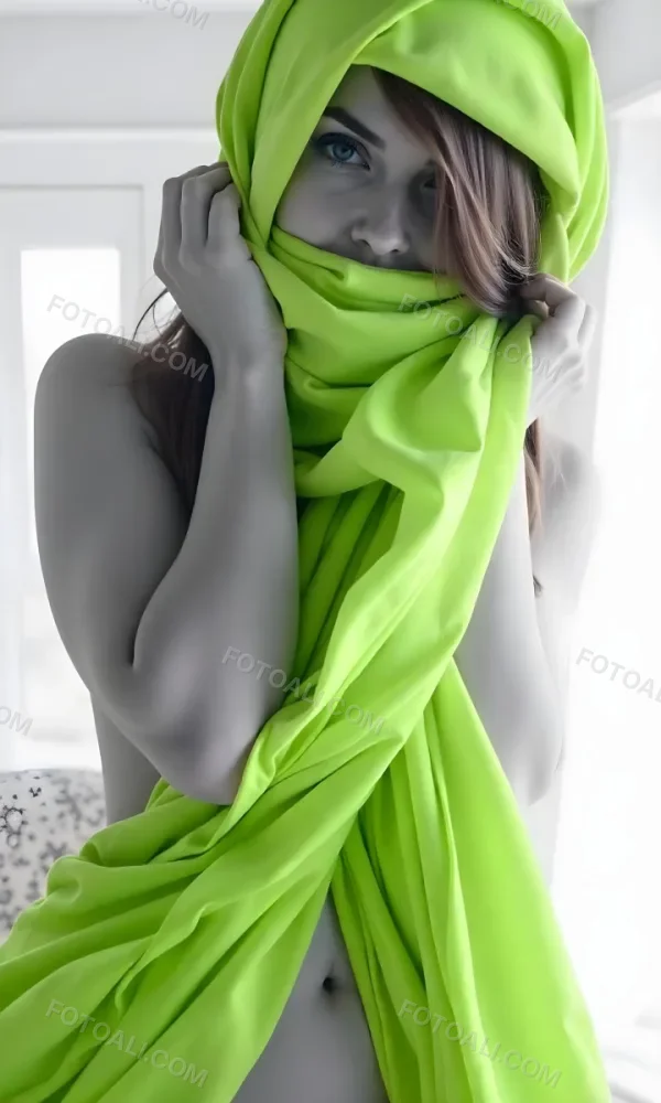 Caucasian Woman Age 25 With Brown Hair Partially Covered By A Vibrant Green Fabric In A Minimalist Gray And White Indoor Setting 19 9bad