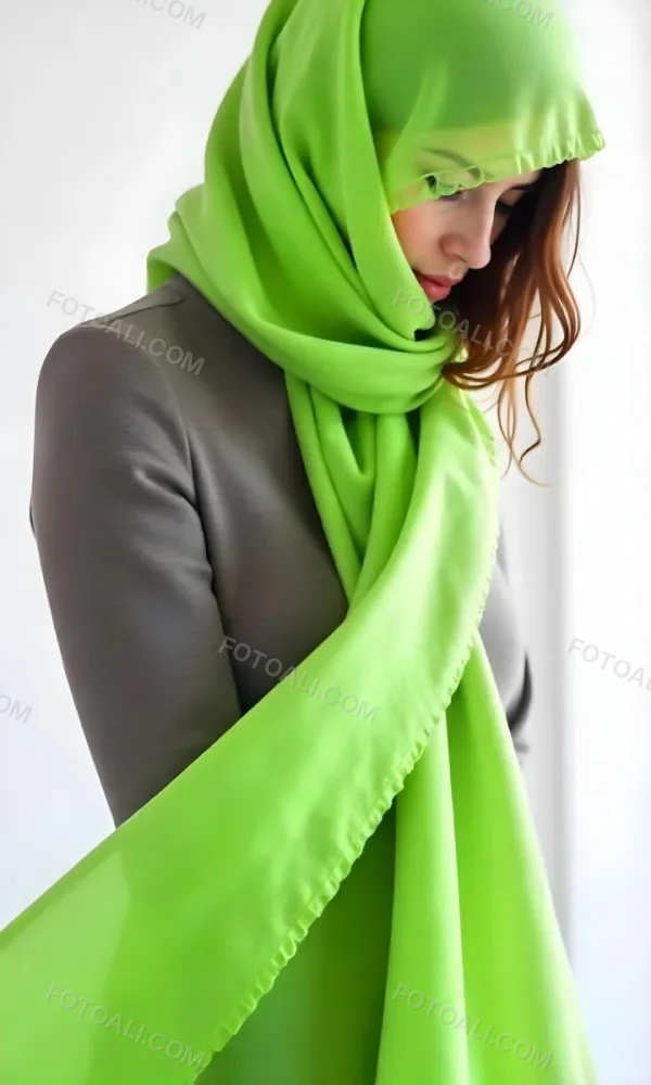 Caucasian Woman Age 25 With Brown Hair Partially Covered By A Vibrant Green Fabric In A Minimalist Gray And White Indoor Setting 2 D651