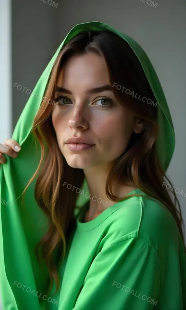Caucasian Woman Age 25 With Brown Hair Partially Covered By A Vibrant Green Fabric In A Minimalist Gray And White Indoor Setting 22 2afd