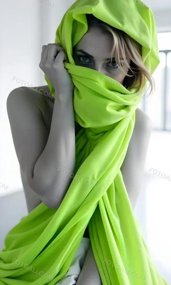 Caucasian Woman Age 25 With Brown Hair Partially Covered By A Vibrant Green Fabric In A Minimalist Gray And White Indoor Setting 23 44bd
