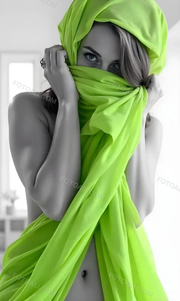 Caucasian Woman Age 25 With Brown Hair Partially Covered By A Vibrant Green Fabric In A Minimalist Gray And White Indoor Setting 32 C053
