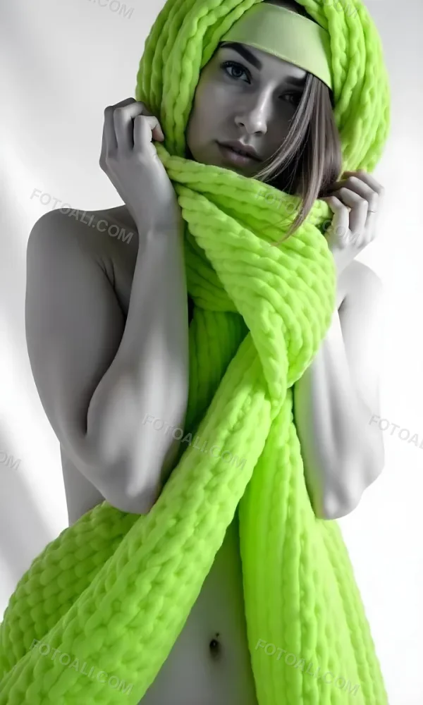 Caucasian Woman Age 25 With Brown Hair Partially Covered By A Vibrant Green Fabric In A Minimalist Gray And White Indoor Setting 33 2fd0