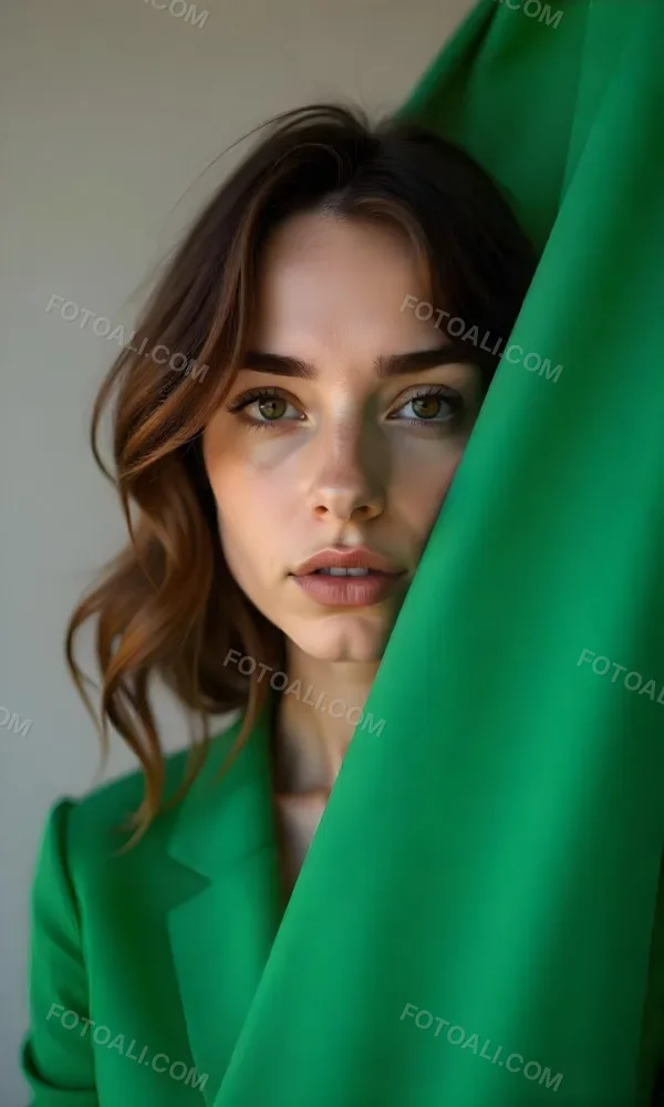 Caucasian Woman Age 25 With Brown Hair Partially Covered By A Vibrant Green Fabric In A Minimalist Gray And White Indoor Setting 34 47c8