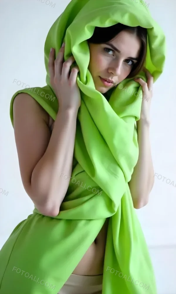 Caucasian Woman Age 25 With Brown Hair Partially Covered By A Vibrant Green Fabric In A Minimalist Gray And White Indoor Setting 35 5d00