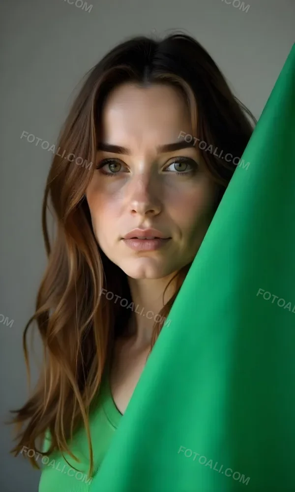 Caucasian Woman Age 25 With Brown Hair Partially Covered By A Vibrant Green Fabric In A Minimalist Gray And White Indoor Setting 36 Aef7