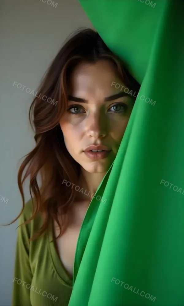 Caucasian Woman Age 25 With Brown Hair Partially Covered By A Vibrant Green Fabric In A Minimalist Gray And White Indoor Setting 37 B83b