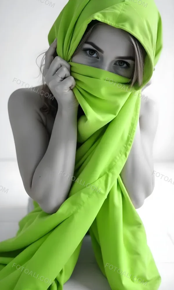 Caucasian Woman Age 25 With Brown Hair Partially Covered By A Vibrant Green Fabric In A Minimalist Gray And White Indoor Setting 4 7527