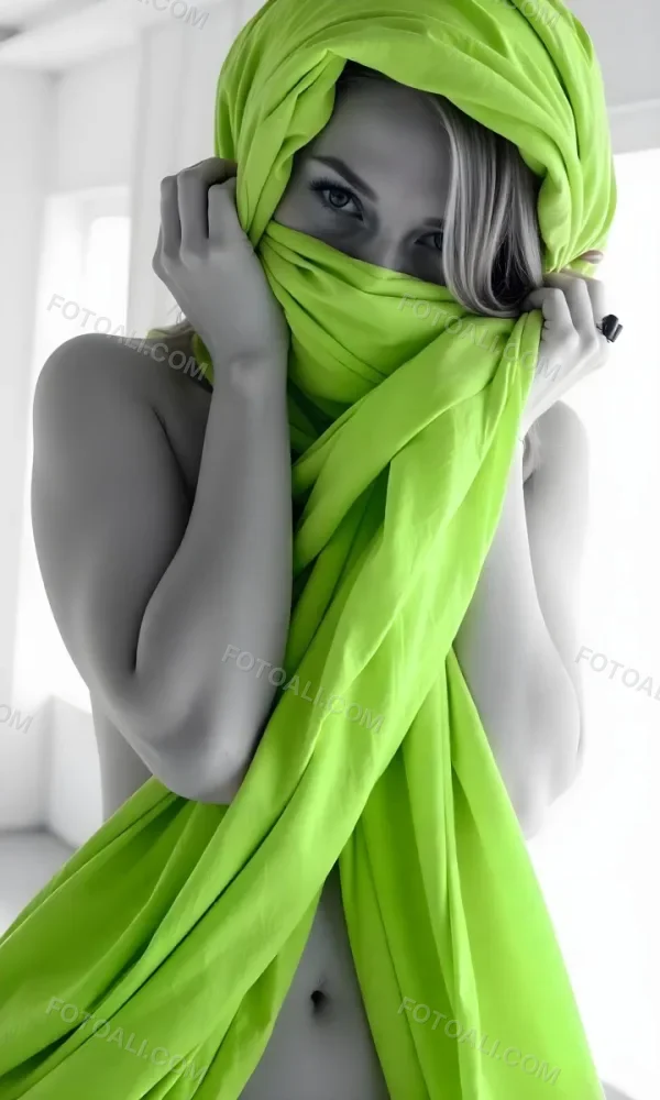 Caucasian Woman Age 25 With Brown Hair Partially Covered By A Vibrant Green Fabric In A Minimalist Gray And White Indoor Setting 5 78d8